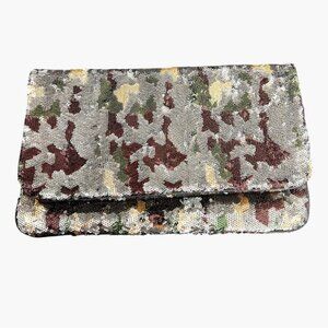 BCBGMAXAZRIA Sequin Camo Foldover Clutch Wallet Green Gold Brown Black Large NYE